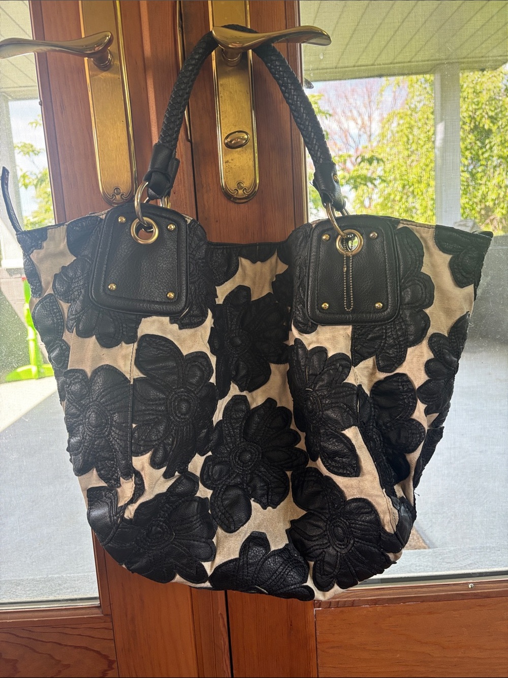 Big Buddha Black Floral Appliqué Tote in Cream and Black